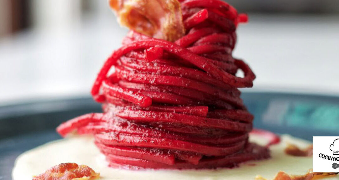 Spaghetti à la betteraves et chips de coppa