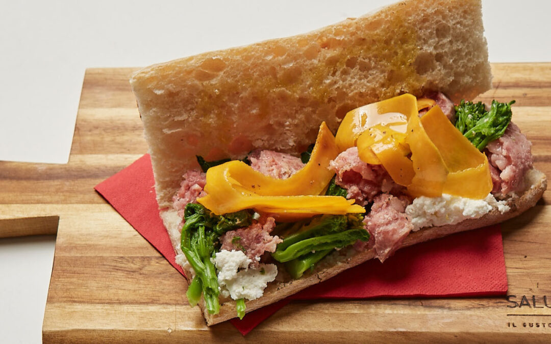 Sandwich with cotechino, pumpkin, turnip tops and ricotta