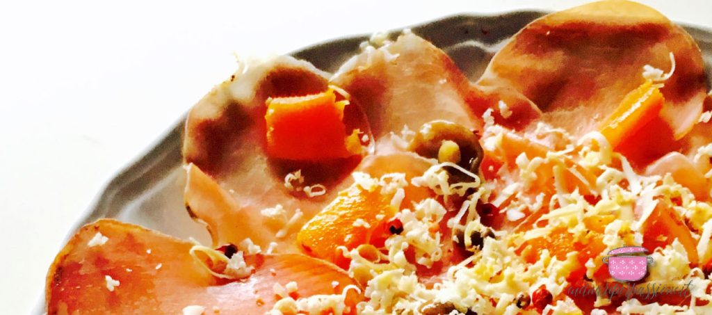 Schisc pork bresaola carpaccio with squash, mushrooms and ricotta cheese