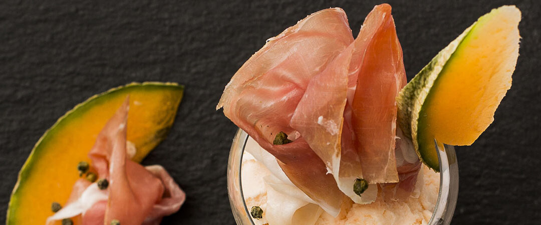 Raw ham, melon sorbet, and pink pepper