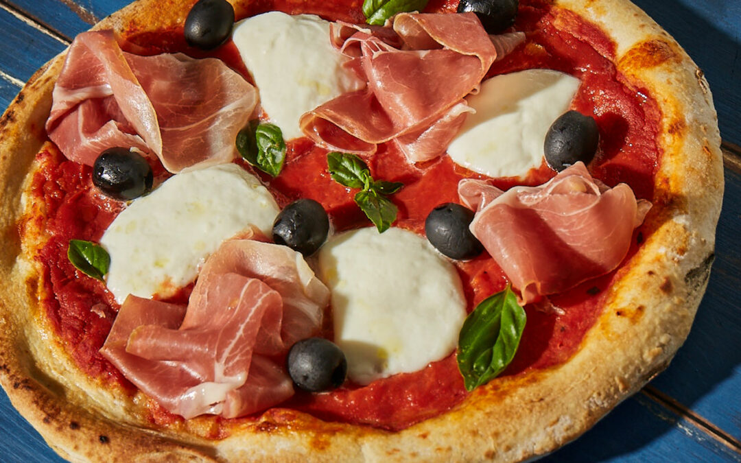 Pizza with Cured Ham, La Rustica Tomato Sauce, Buffalo Mozzarella, Olives and Basil