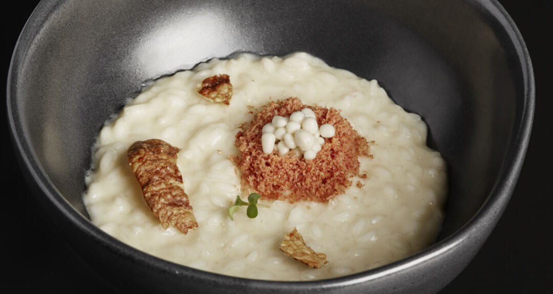 Cooked ham powder, topinambur, frozen taleggio and rice