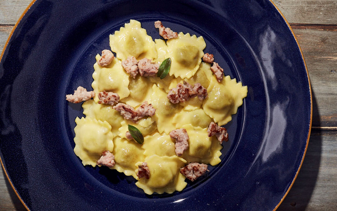 Agnolotti stuffed with Fennel Sausage and potatoes served with butter and sage