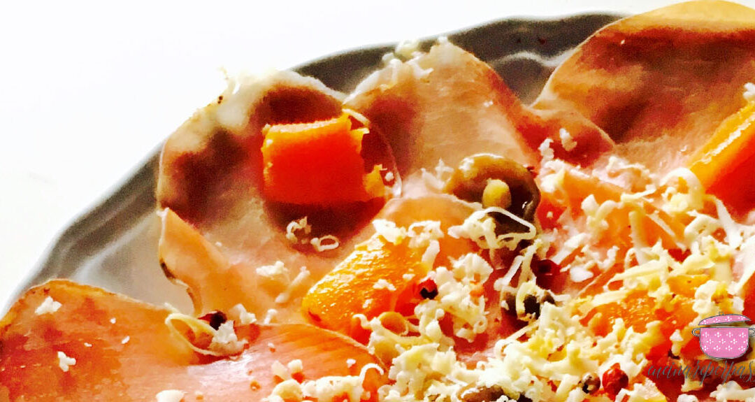 Carpaccio de schisc bresaola de porc avec courge, champignons chiodini et ricotta